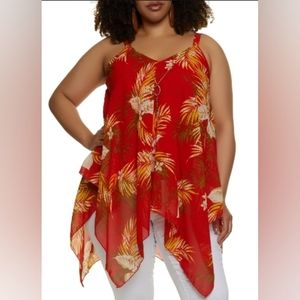 Rainbow Plus Size Tropical Print Cami Top With Necklace, Red/orange-1X